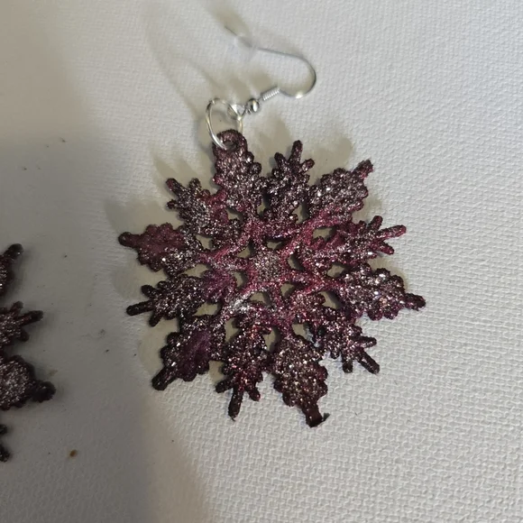 HANDCRAFTED Snowflake Earrings HANDPAINTED HANDMADE Shimmery Holiday Jewelry - Picture 6 of 11